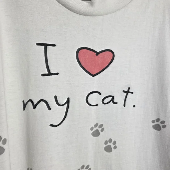 Vintage Hallmark Single Stitch White Tee I Love My Cat Paw Prints Womans Sz XL - Picture 5 of 11